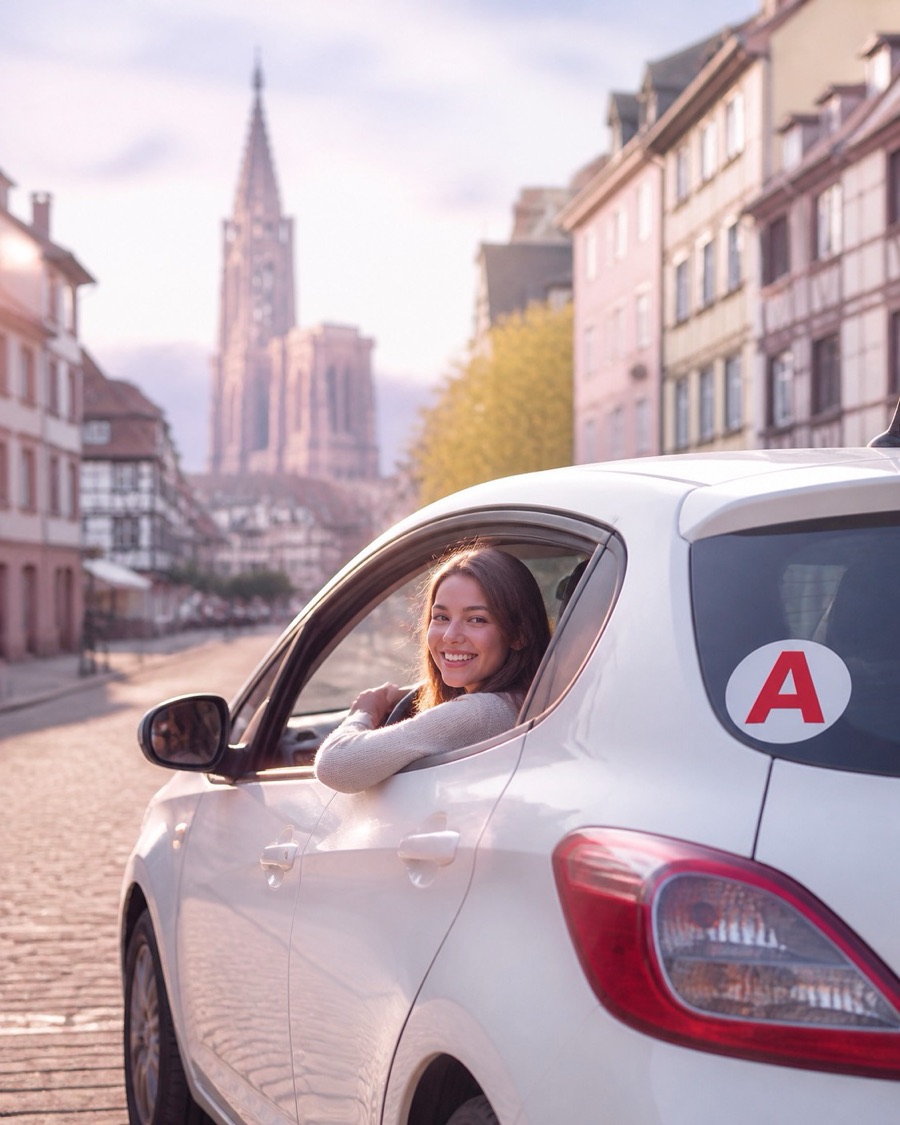 Jeune conductrice souriante au volant d'une voiture avec le disque A, devant la cathédrale de Strasbourg – permis accéléré Cheelo